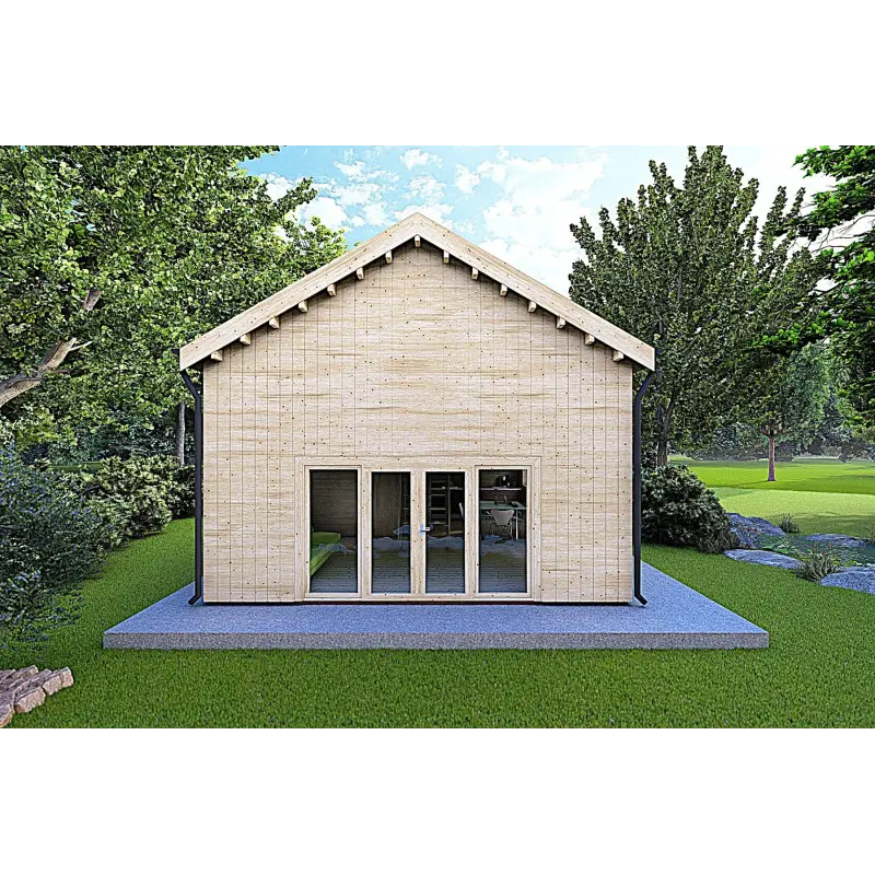 Maison en bois avec mezzanine MAGGIE 6x7 60/100/30/40 mm, vue frontale