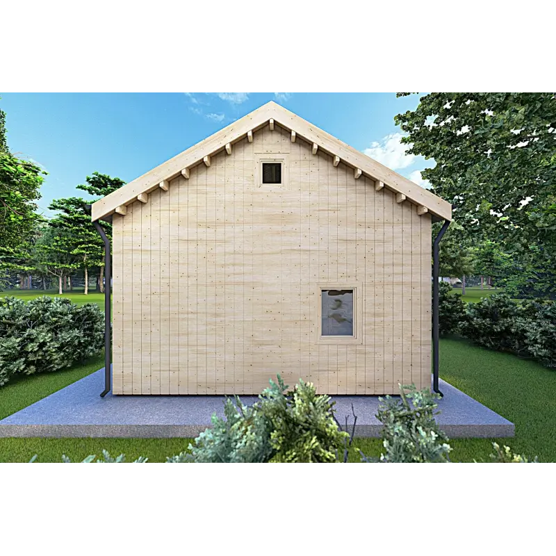 Maison en bois avec mezzanine MAGGIE 6x7 60/100/30/40 mm, vue arrière
