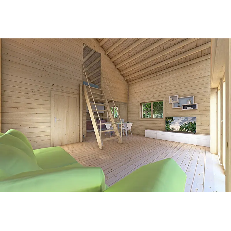 Maison en bois avec mezzanine MAGGIE 6x7 60/100/30/40 mm, espace de vie ouvert