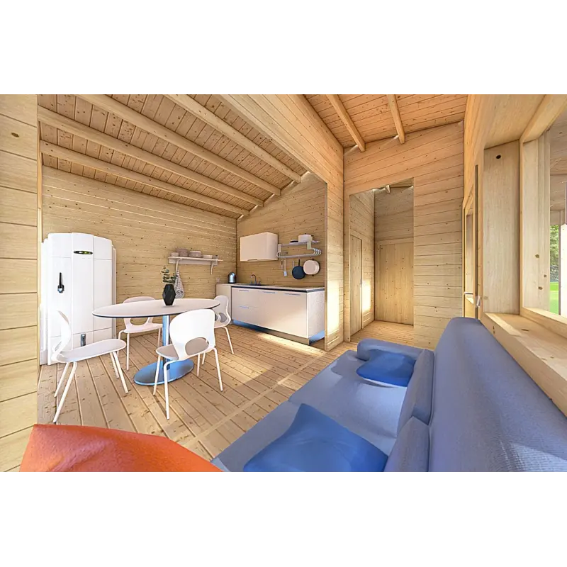 Maison isolée pour campings EMMA 8x7, 44/100/44 mm, espace de vie ouvert