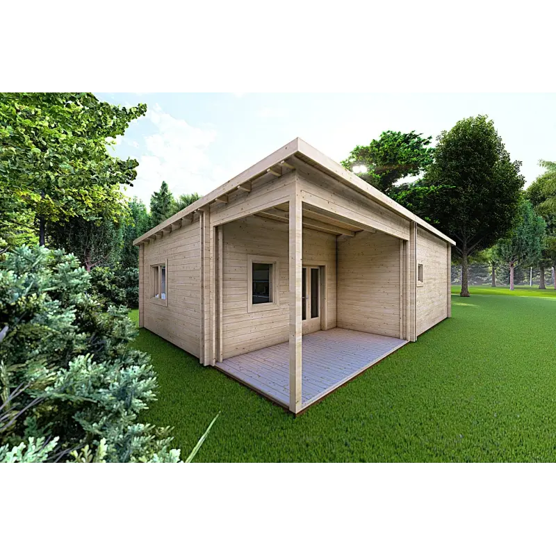 Maison en bois avec patio MILENA 9x6.5, 44/100/44 mm, façade côté gauche