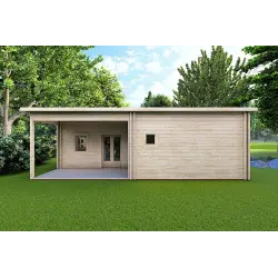 Maison en bois avec patio MILENA 9x6.5, 44/100/44 mm, vue frontale