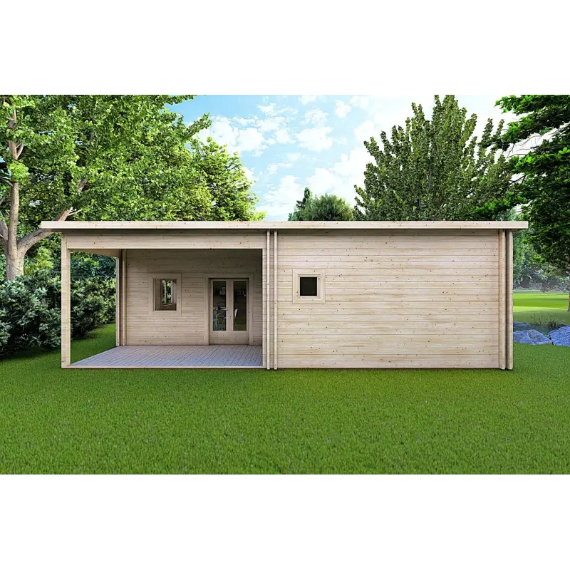 Maison en bois avec patio MILENA 9x6.5, 44/100/44 mm, vue frontale