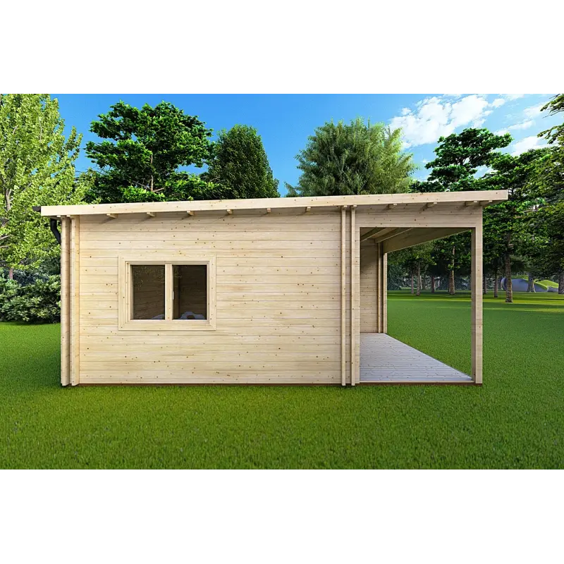 Maison en bois avec patio MILENA 9x6.5, 44/100/44 mm, côté gauche