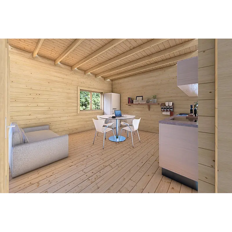 Maison en bois avec patio MILENA 9x6.5, 44/100/44 mm, espace de vie ouvert