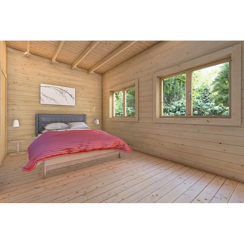 Maison en bois avec patio MILENA 9x6.5, 44/100/44 mm, intérieur chambre principale
