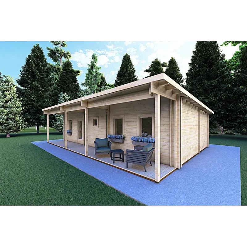 Maison en bois isolée avec excellente isolation thermique AGATA 75 m², 44/120/44 mm, façade côté droit