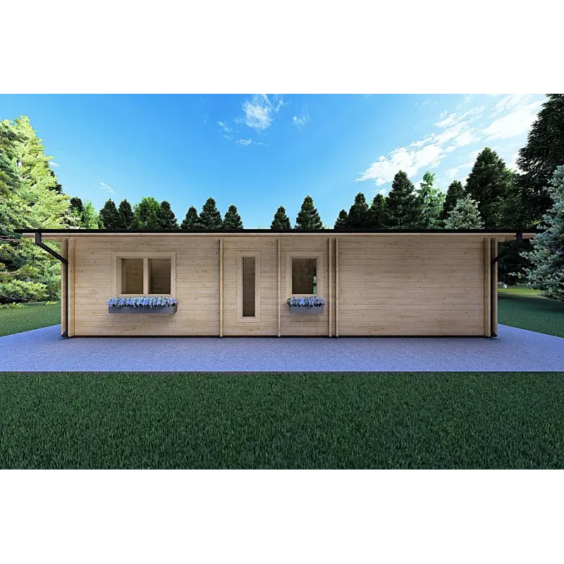 Maison en bois isolée avec excellente isolation thermique AGATA 75 m², 44/120/44 mm, vue arrière