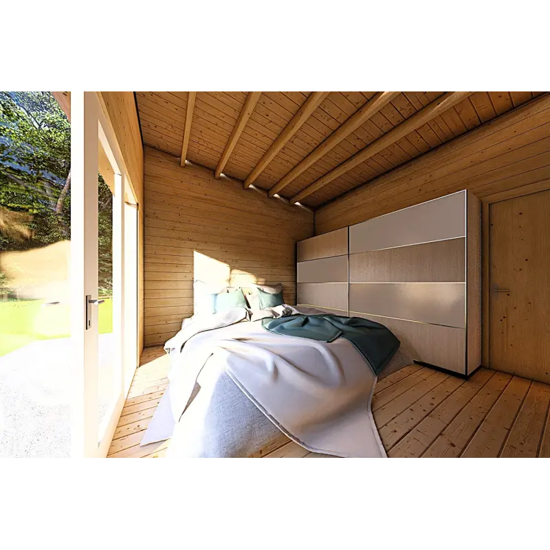 Chalet en bois habitable​ toit plat YARA 55 m², 60/120/30/40 mm, intérieur chambre principale
