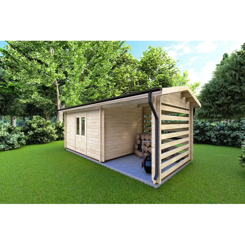 Maison en bois de jardin avec bûcher FRIDA 6.4x3, 44mm, façade côté droit
