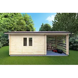 Maison en bois de jardin avec bûcher FRIDA 6.4x3, 44mm, vue frontale