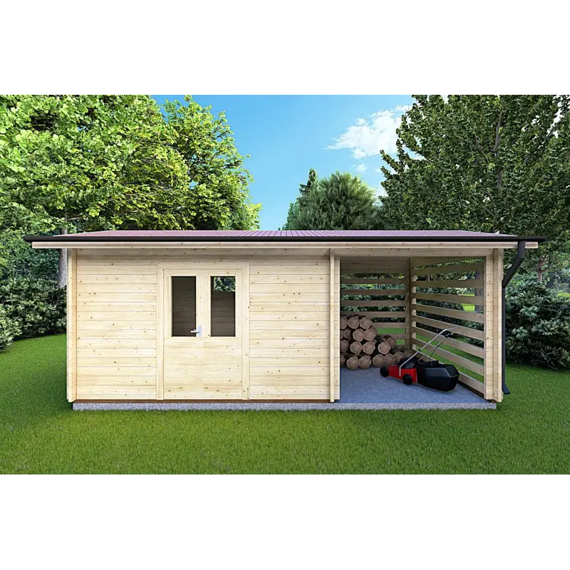 Maison en bois de jardin avec bûcher FRIDA 6.4x3, 44mm, vue frontale