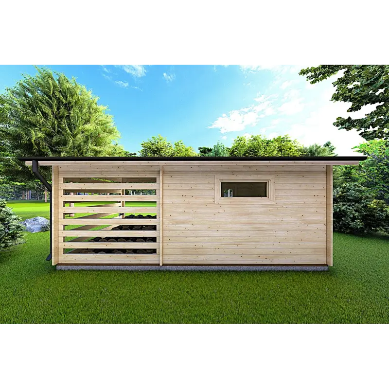 Maison en bois de jardin avec bûcher FRIDA 6.4x3, 44mm, vue arrière