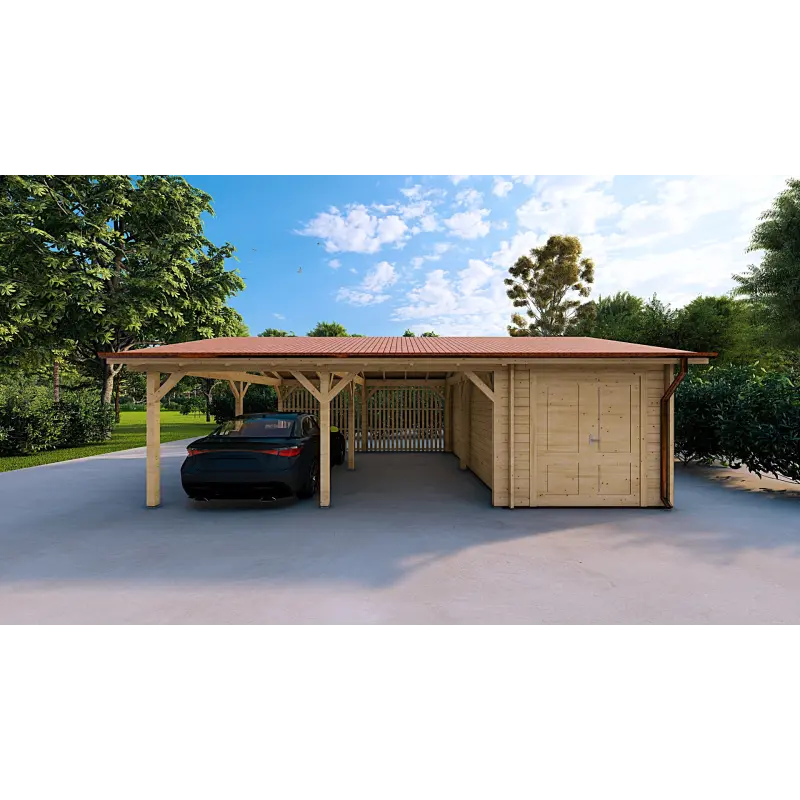 Auvent en bois double avec remise 7.9x5.7, vue frontale