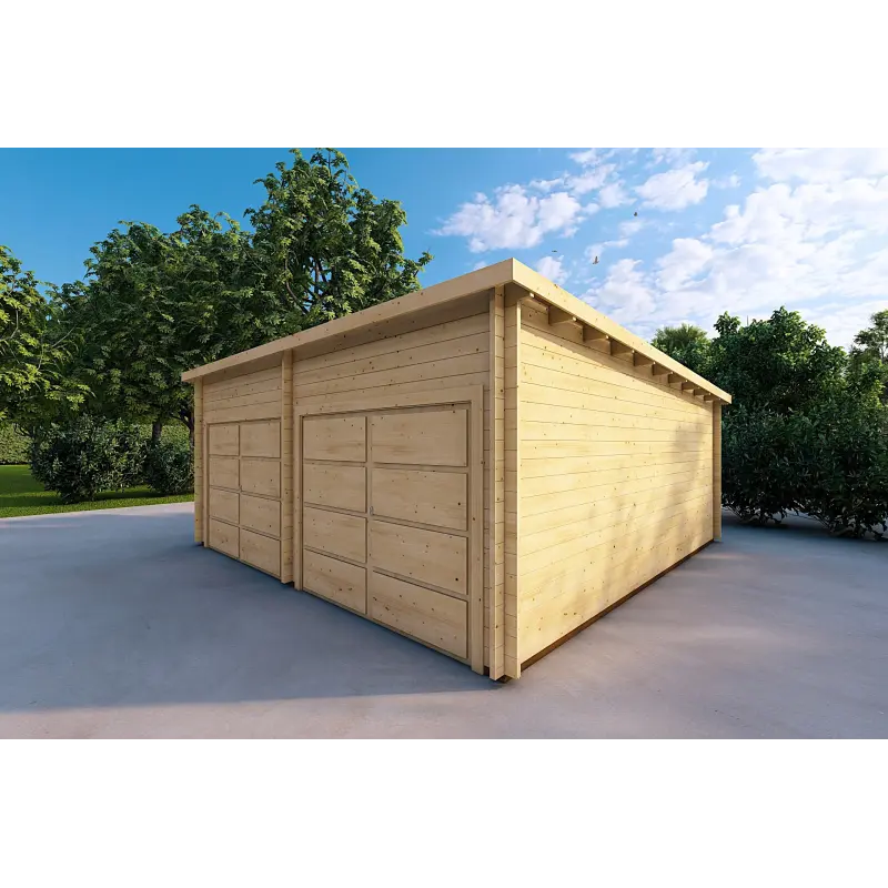 Garage en bois double avec toit mono-pente 6x6, 44mm, façade côté droit