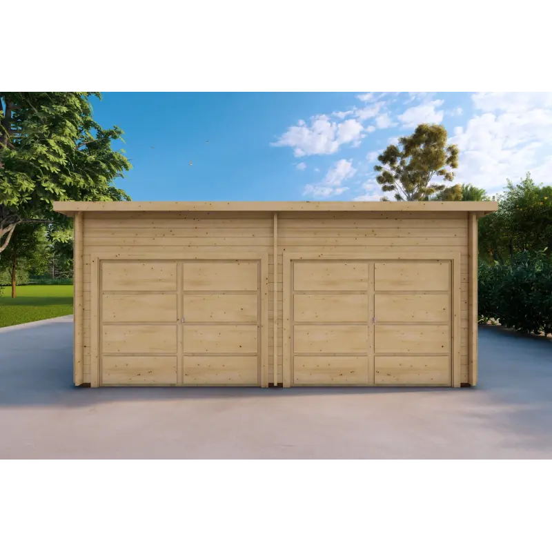 Garage en bois double avec toit mono-pente 6x6, 44mm, vue frontale