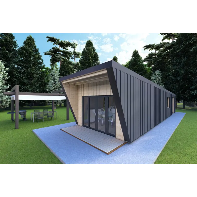 Mobil home VISION 1 avec patio 4x14 44/100/30/40 mm, façade côté droit couleur anthracite