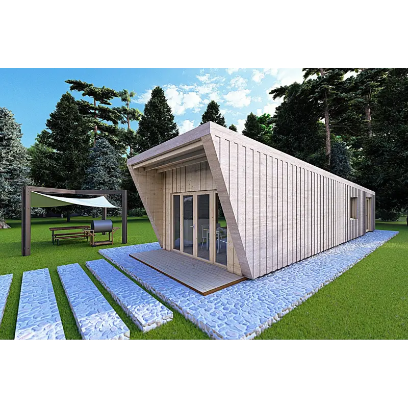 Mobil home VISION 1 avec patio 4x14 44/100/30/40 mm, façade côté droit couleur gris bois