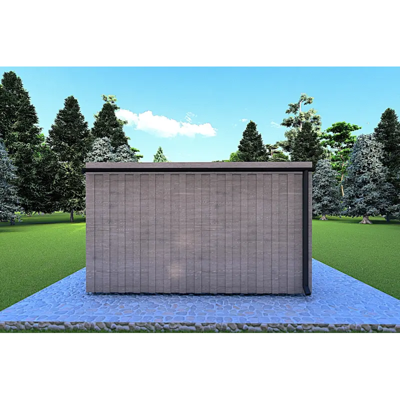 Mobil home VISION 1 avec patio 4x14 44/100/30/40 mm, vue arrière couleur gris bois