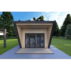 Mobil home VISION 1 avec patio 4x14 44/100/30/40 mm, vue frontale couleur anthracite