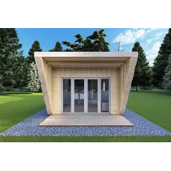 Maison mobile en bois VISION 1 SMALL "S" avec patio 4x11 44/100/30/40, vue frontale couleur gris bois