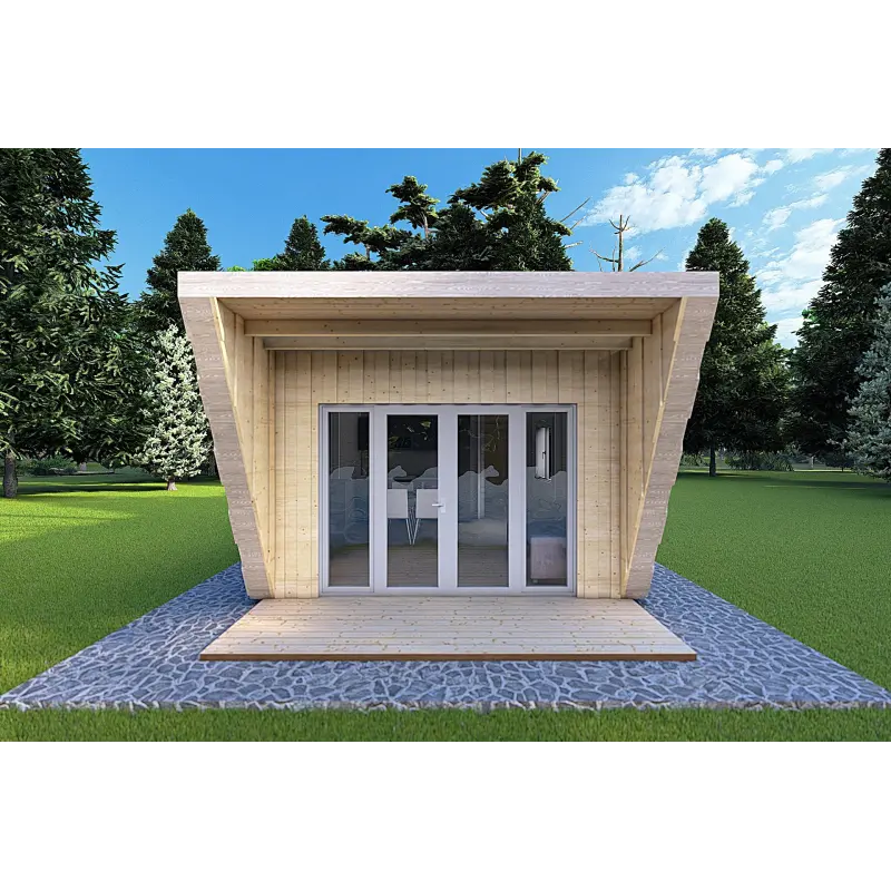 Maison mobile en bois VISION 1 SMALL "S" avec patio 4x11 44/100/30/40, vue frontale couleur gris bois