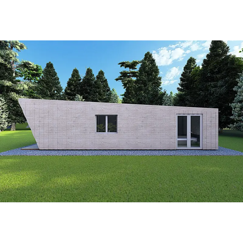 Maison mobile en bois VISION 1 SMALL "S" avec patio 4x11 44/100/30/40, côté droit couleur gris bois