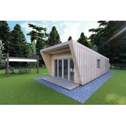 Maison mobile en bois VISION 1 SMALL "S" avec patio 4x11 44/100/30/40, façade côté droit couleur gris bois