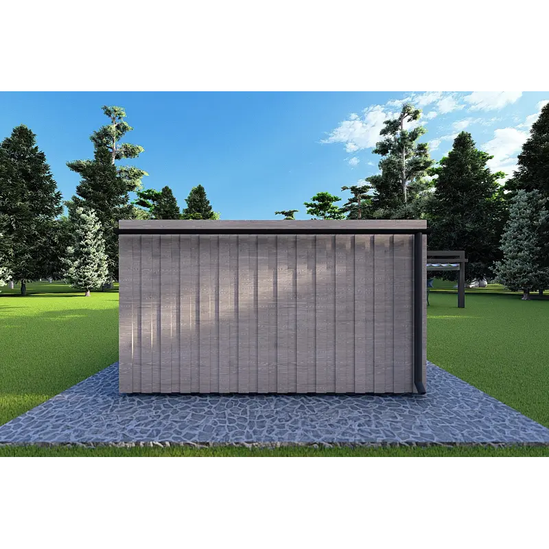 Maison mobile en bois VISION 1 SMALL "S" avec patio 4x11 44/100/30/40, vue arrière couleur gris bois