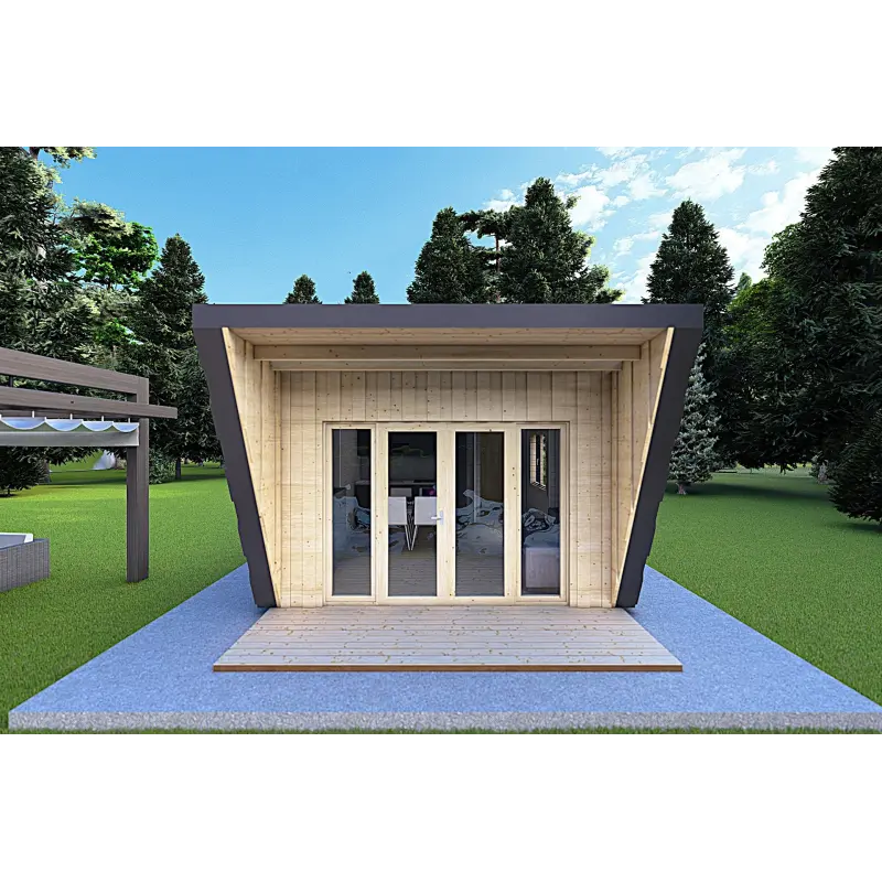 Maison mobile en bois VISION 1 SMALL "S" avec patio 4x11 44/100/30/40, vue frontale couleur anthracite