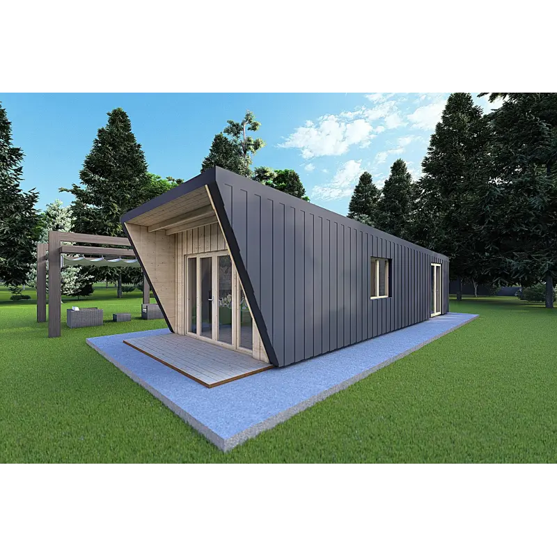 Maison mobile en bois VISION 1 SMALL "S" avec patio 4x11 44/100/30/40, façade côté droit couleur anthracite