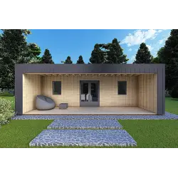 Bungalow moderne en bois​ VISION 2 avec patio 8x6 60/100/30/40 mm, vue frontale couleur anthracite