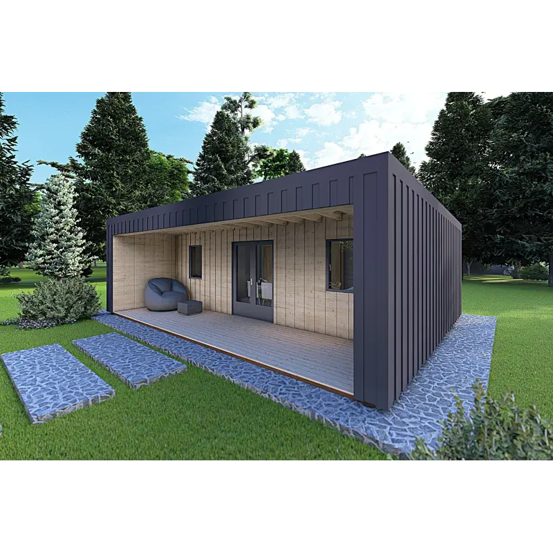 Bungalow moderne en bois​ VISION 2 avec patio 8x6 60/100/30/40 mm, façade côté droit couleur anthracite