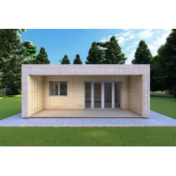 Mobil home VISION 2 CUBE "C" avec patio 7x8 44/100/30/40 mm, vue frontale couleur gris bois
