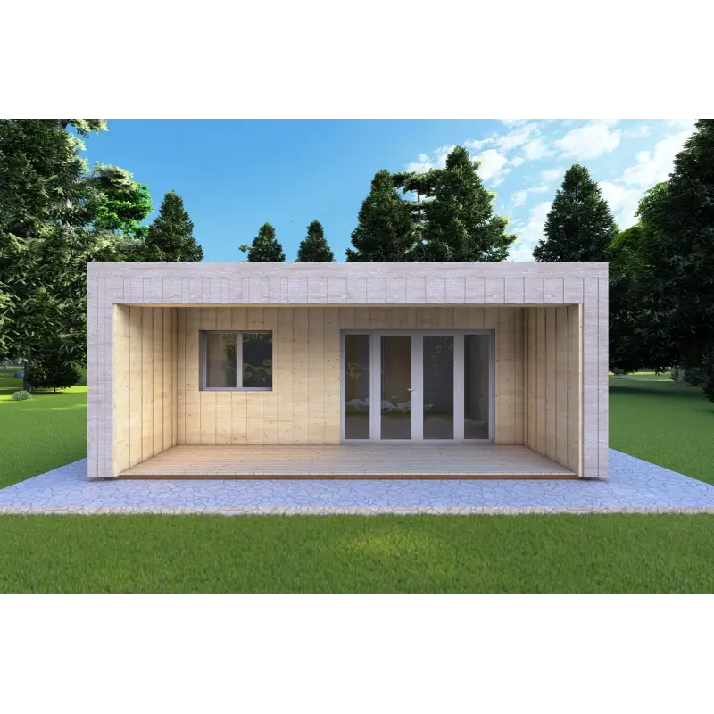 Mobil home VISION 2 CUBE "C" avec patio 7x8 44/100/30/40 mm, vue frontale couleur gris bois