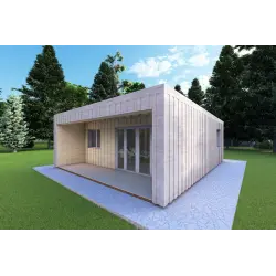 Mobil home VISION 2 CUBE "C" avec patio 7x8 44/100/30/40 mm, façade côté droit couleur gris bois