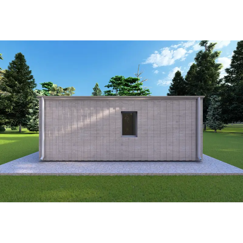 Mobil home VISION 2 CUBE "C" avec patio 7x8 44/100/30/40 mm, vue arrière couleur gris bois