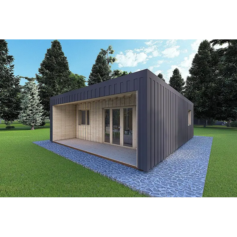 Mobil home VISION 2 CUBE "C" avec patio 7x8 44/100/30/40 mm, façade côté droit couleur anthracite