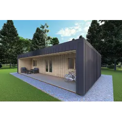 Bungalow moderne en bois​ VISION 3 avec patio 10x6 60/100/30/40 mm, façade côté droit couleur anthracite