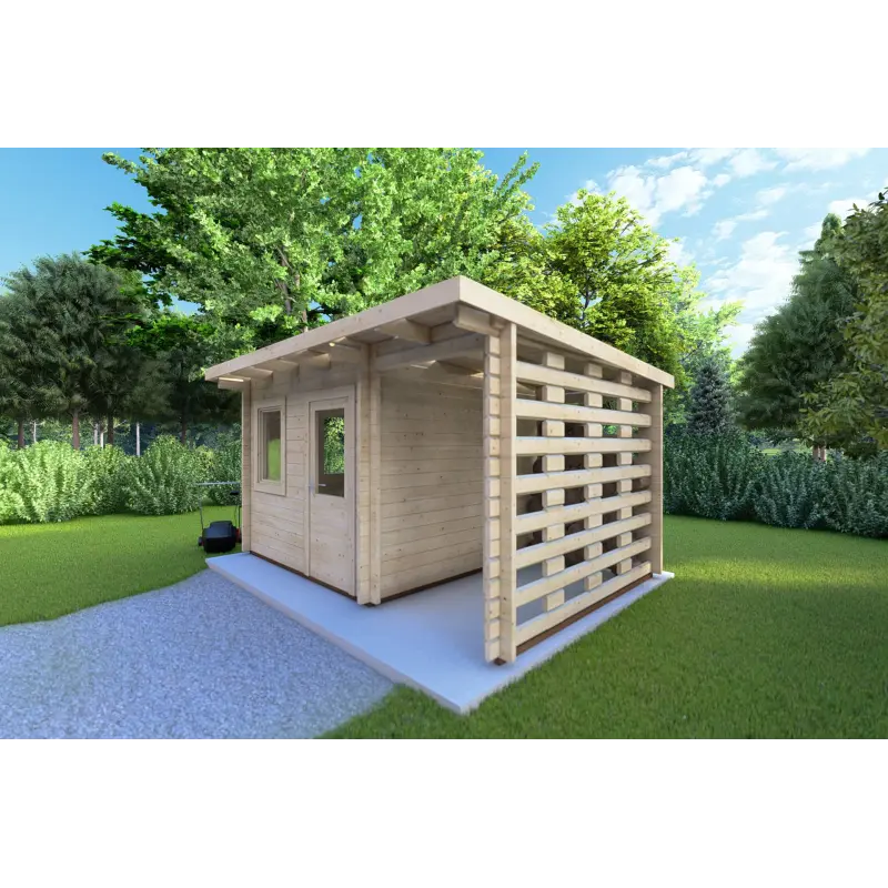 Remise en bois avec bûcher LISA 3×3. 44mm, façade côté droit