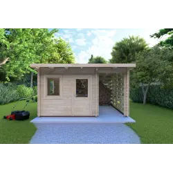 Remise en bois avec bûcher LISA 3×3. 44mm, vue frontale