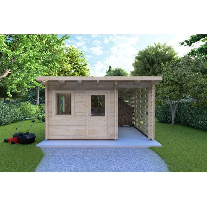 Remise en bois avec bûcher LISA 3×3. 44mm, vue frontale