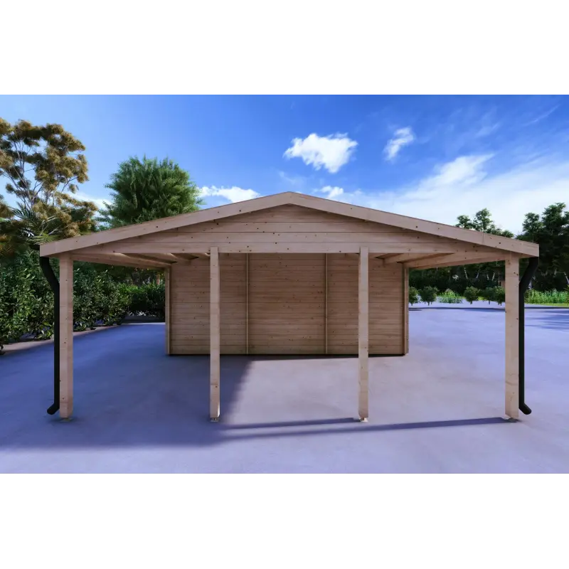 Auvent double en bois 9.4x6, 44mm, vue frontale
