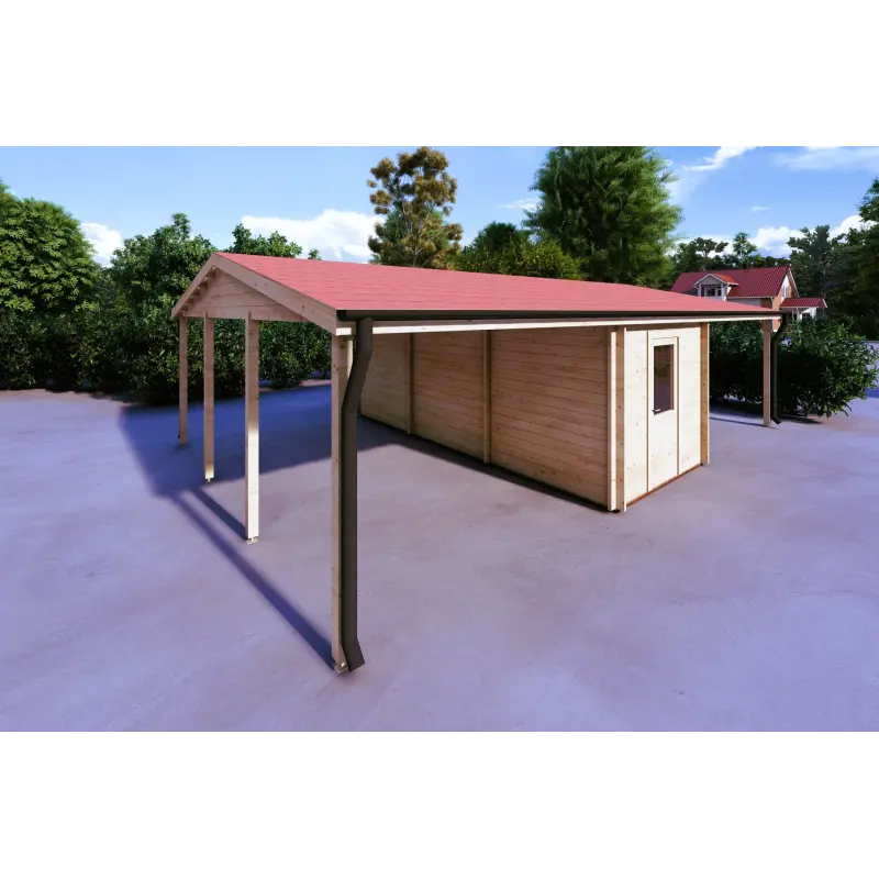 Auvent double en bois 9.4x6, 44mm, façade côté droit