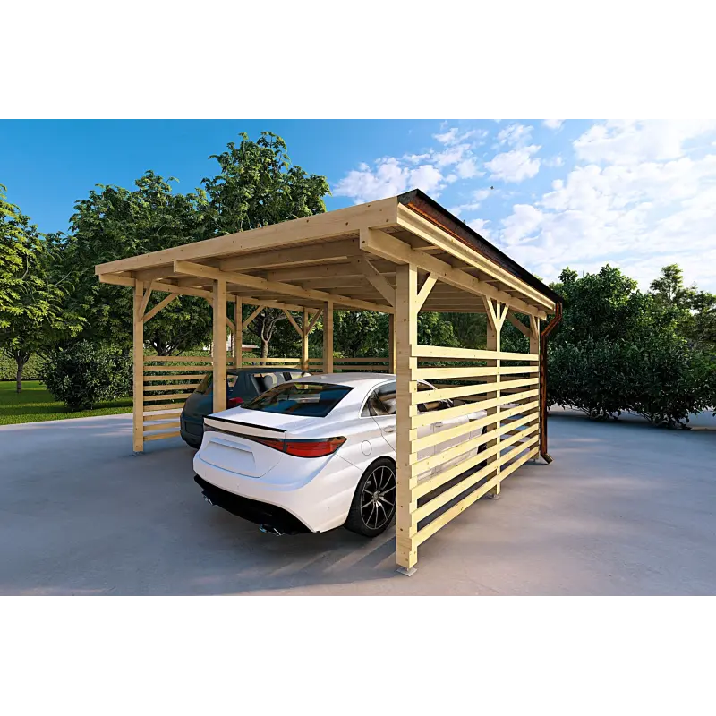 Carport en bois avec fermeture partielle 22 m², façade côté droit