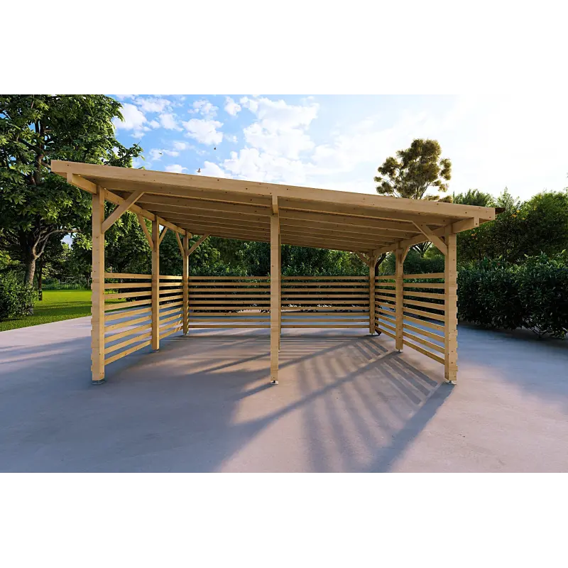 Carport en bois avec fermeture partielle 22 m², vue frontale