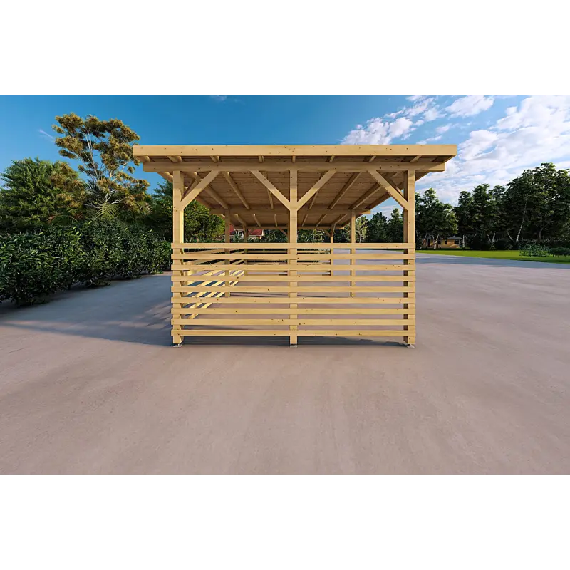 Carport en bois avec fermeture partielle 22 m², côté gauche