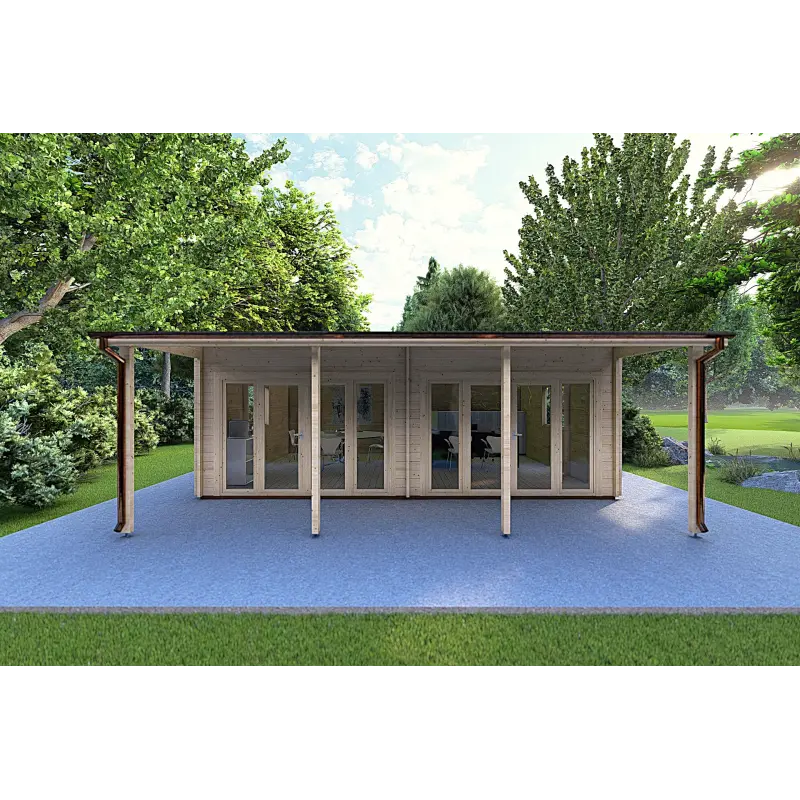Bureau-Studio de jardin avec porche DENISE 7x5.2, 44mm, vue frontale