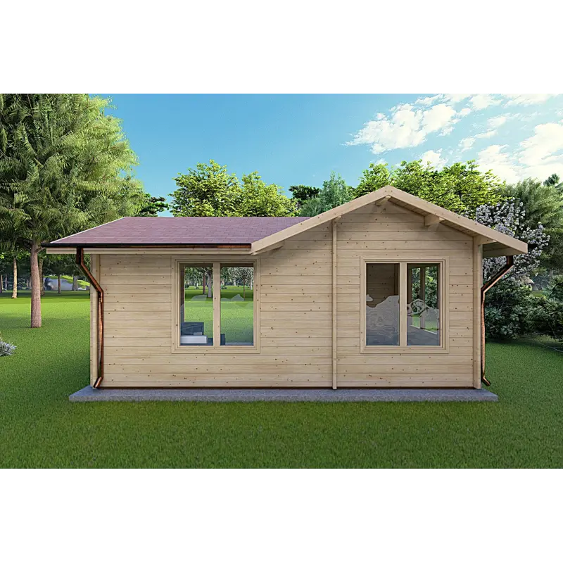 Abris de jardin en bois avec véranda et deux pièces SUSANNA 28 m², 44mm, vue arrière