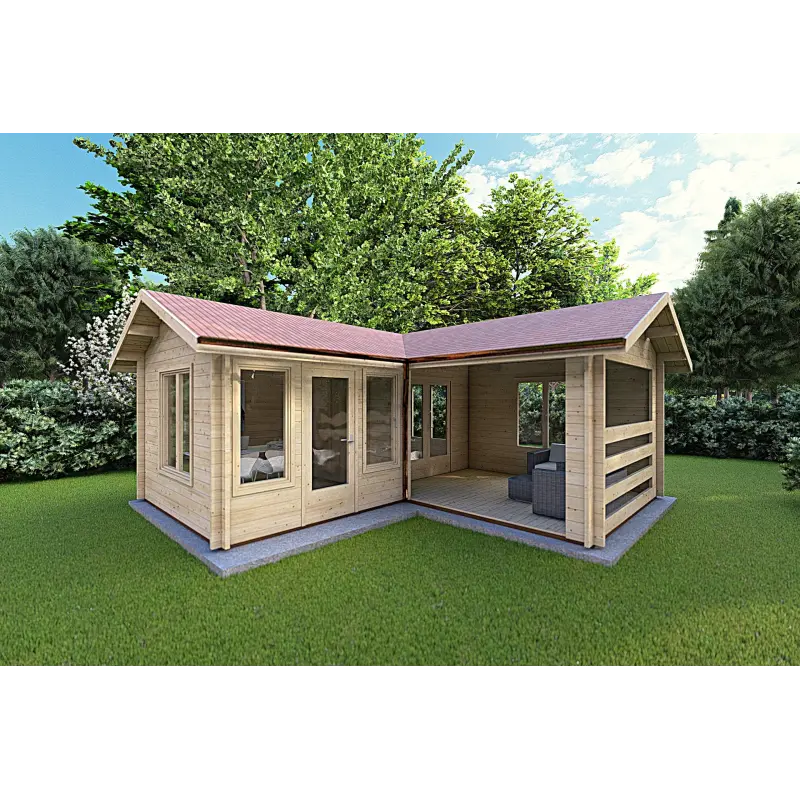 Abris de jardin en bois avec véranda et deux pièces SUSANNA 28 m², 44mm, façade côté droit